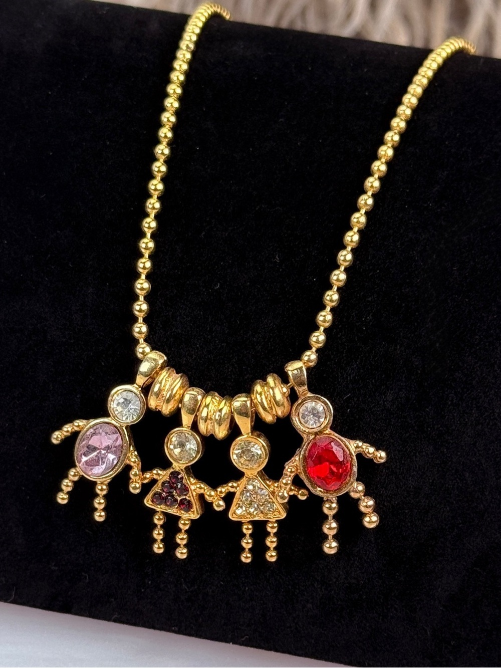 Vintage Gold Tone Family Stick Figure Rhinestone Pendant Necklace 24"